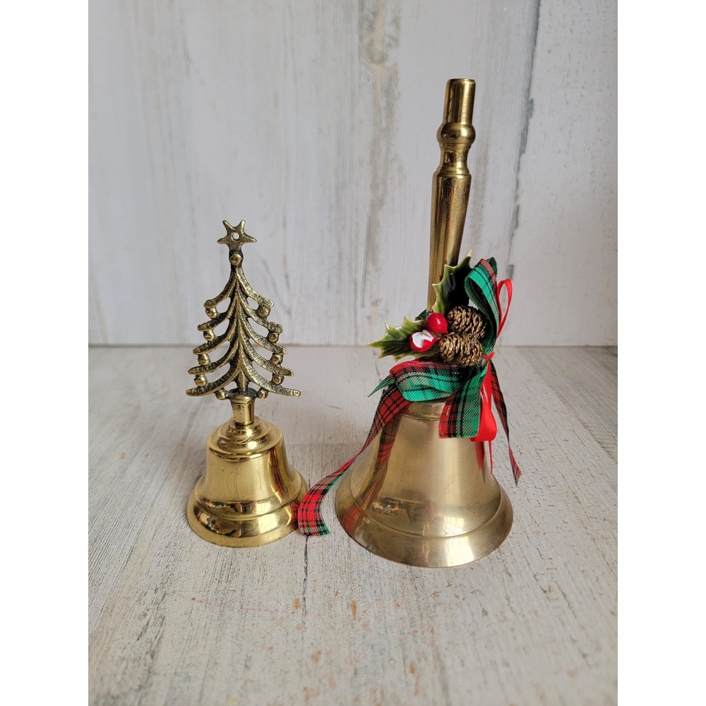 Vintage metal brass Xmas bell tree star pinecone mistletoe set figure decor